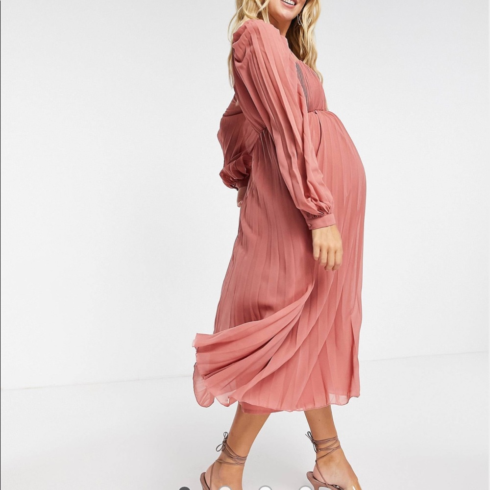 ASOS DESIGN Maternity square neck pleated midi skater dress in dusky pink